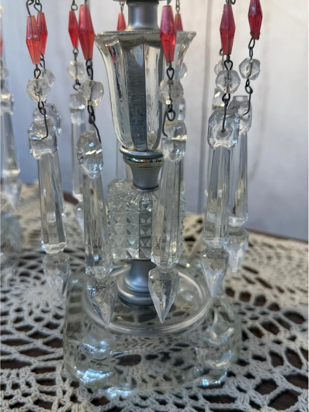 Crystal Hurricane Boudoir Lamps Pair Red Prisms Glass Chimneys Working